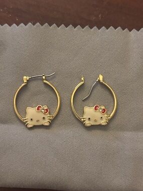 Sanrio Gold Hoop Earrings with White Kitty and Red Bows